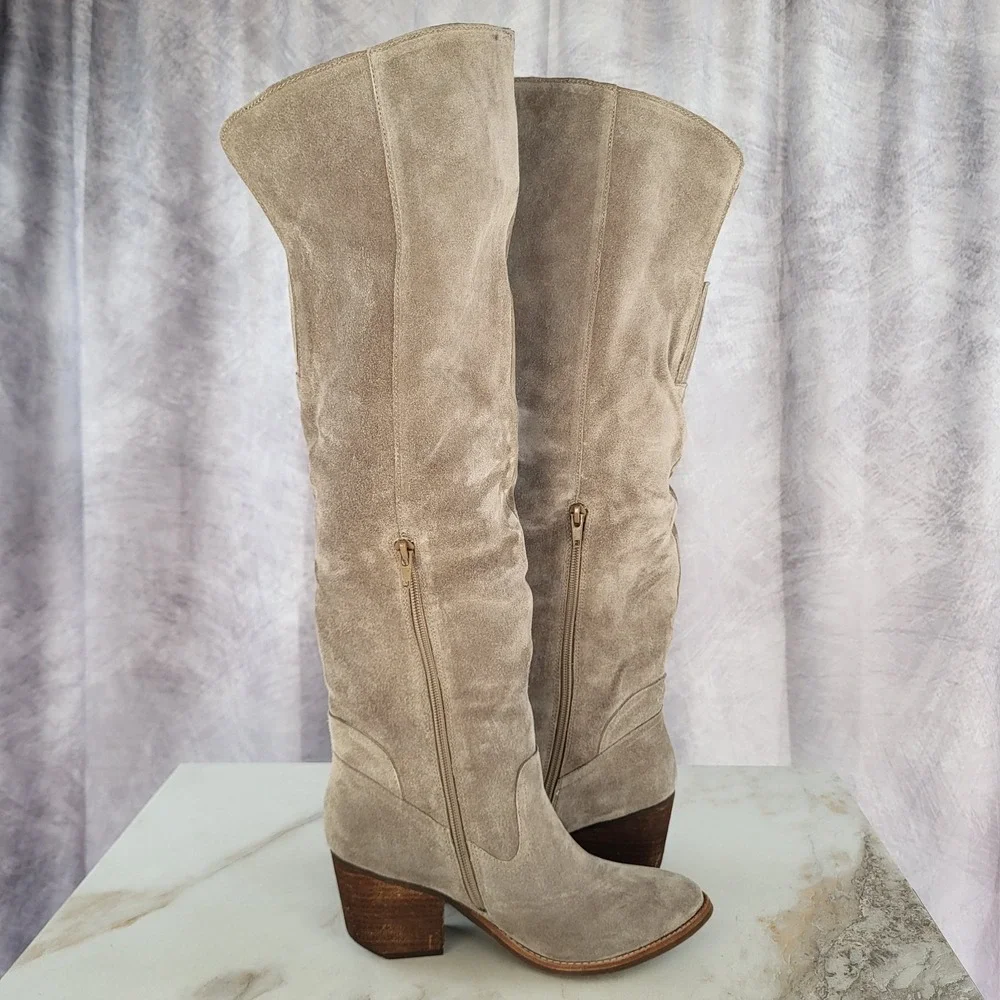 Jeffrey Campbell Size 7.5 Women's OAKMONT Taupe Distressed Suede Over Knee High